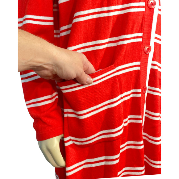 Isaac Mizrahi Sz L Long Duster Cardigan V-Neck Long Sleeve Red/White Stripe New - Picture 6 of 11